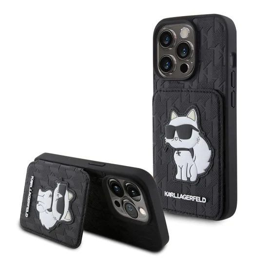 Калъф за iPhone 15 Pro - Karl Lagerfeld Saffiano Cardslots and Stand (KLHCP15LSAKCNSCK) - Monogram Choupette