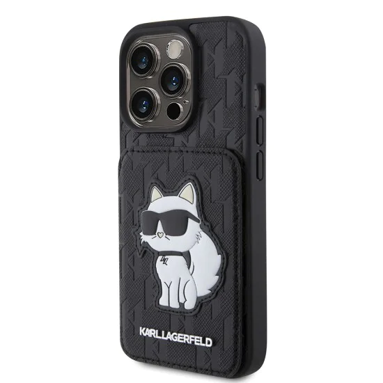 Калъф за iPhone 15 Pro - Karl Lagerfeld Saffiano Cardslots and Stand (KLHCP15LSAKCNSCK) - Monogram Choupette