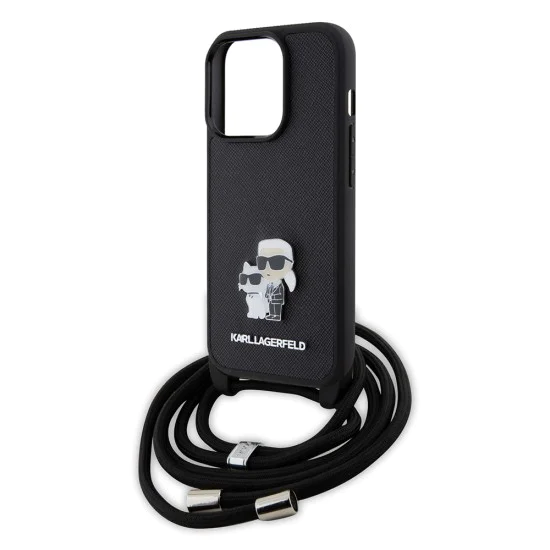 Калъф за iPhone 15 Pro - Karl Lagerfeld Saffiano Crossbody (KLHCP15LSAKCPSK) - Metal Pin Karl&Choupette