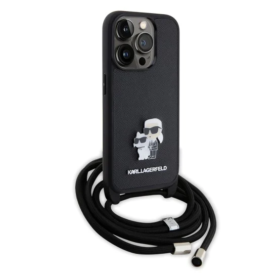 Калъф за iPhone 15 Pro - Karl Lagerfeld Saffiano Crossbody (KLHCP15LSAKCPSK) - Metal Pin Karl&Choupette