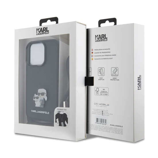 Калъф за iPhone 15 Pro - Karl Lagerfeld Saffiano Crossbody (KLHCP15LSAKCPSK) - Metal Pin Karl&Choupette