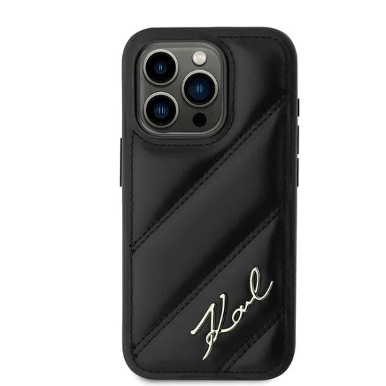 Калъф за iPhone 15 Pro - Karl Lagerfeld Diagonal Quilted Script (KLHCP15LPQQDSMGK) - Черен