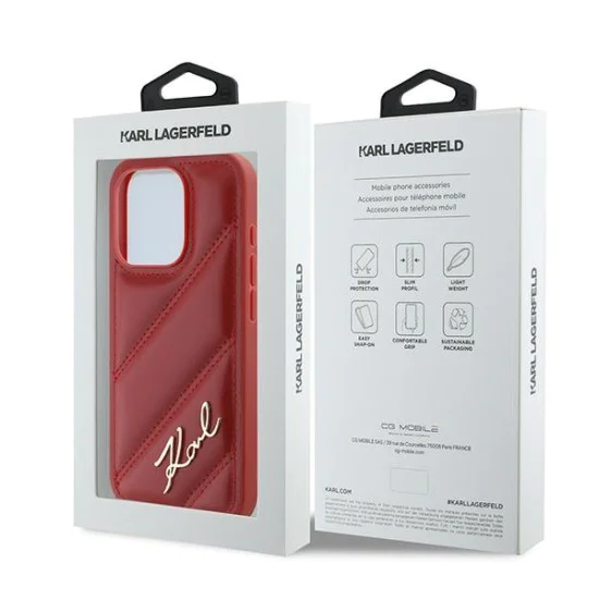 Калъф за iPhone 15 Pro - Karl Lagerfeld Diagonal Quilted Script (KLHCP15LPQQDSMGR) - Червен
