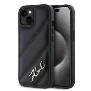 Калъф за iPhone 15 - Karl Lagerfeld Diagonal Quilted Script (KLHCP15SPQQDSMGK) - Черен