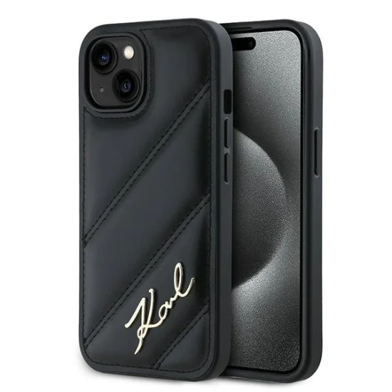 Калъф за iPhone 15 - Karl Lagerfeld Diagonal Quilted Script (KLHCP15SPQQDSMGK) - Черен