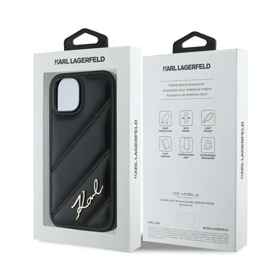 Калъф за iPhone 15 - Karl Lagerfeld Diagonal Quilted Script (KLHCP15SPQQDSMGK) - Черен
