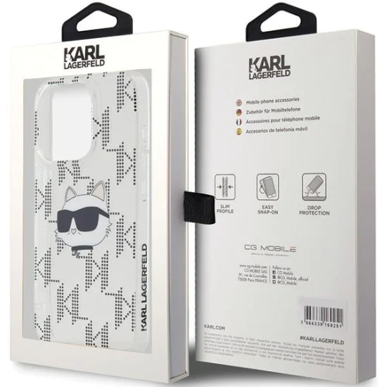 Калъф за iPhone 15 Pro Max - Karl Lagerfeld IML Luxury (KLHCP15XHKLKLPCHT) - Transparent Choupette Head&Monogram