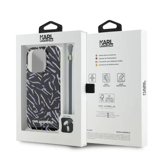 Калъф за IPhone 15 Pro Max - твърд калъф Karl Lagerfeld (KLHCP15XHZBZPKCCU) - лилава зебра с кабел