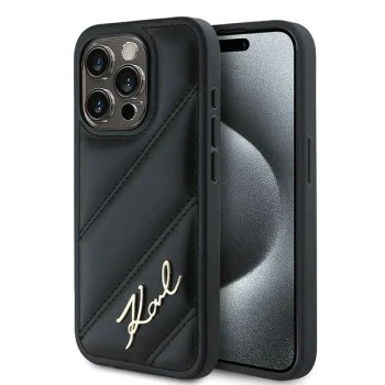 Калъф за iPhone 15 Pro Max - Karl Lagerfeld Diagonal Quilted Script (KLHCP15XPQQDSMGK) - Черен