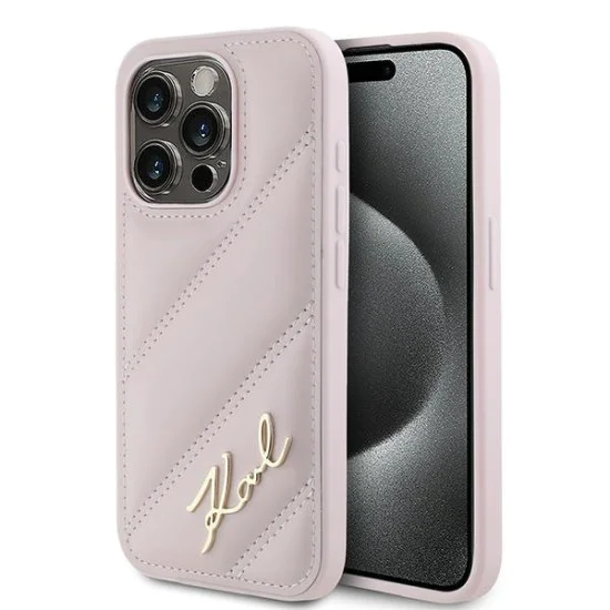 Калъф за iPhone 15 Pro Max - Karl Lagerfeld Diagonal Quilted Script (KLHCP15XPQXPQDSMGP) - Розов