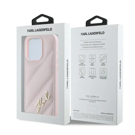 Калъф за iPhone 15 Pro Max - Karl Lagerfeld Diagonal Quilted Script (KLHCP15XPQXPQDSMGP) - Розов