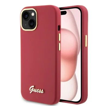 Калъф за iPhone 15 - Guess Silicone Script Metal Logo & Frame (GUHCP15SSMBSLM) - Червен