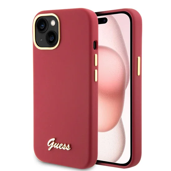 Калъф за iPhone 15 - Guess Silicone Script Metal Logo & Frame (GUHCP15SSMBSLM) - Червен