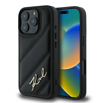 Калъф за iPhone 16 Pro - Karl Lagerfeld Diagonal Quilted Script (KLHCP16LPQQDSMGK) - Черен
