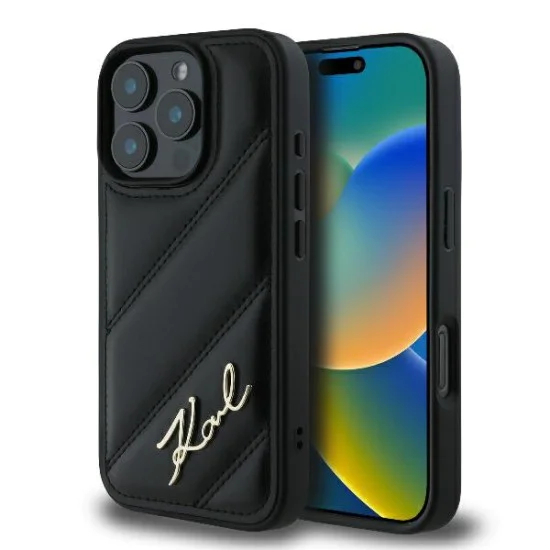 Калъф за iPhone 16 Pro - Karl Lagerfeld Diagonal Quilted Script (KLHCP16LPQQDSMGK) - Черен