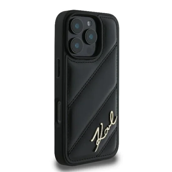 Калъф за iPhone 16 Pro - Karl Lagerfeld Diagonal Quilted Script (KLHCP16LPQQDSMGK) - Черен