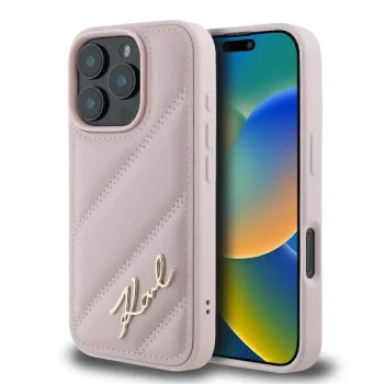 Калъф за iPhone 16 Pro - Karl Lagerfeld Diagonal Quilted Script (KLHCP16LPQQDSMGP) - Розов