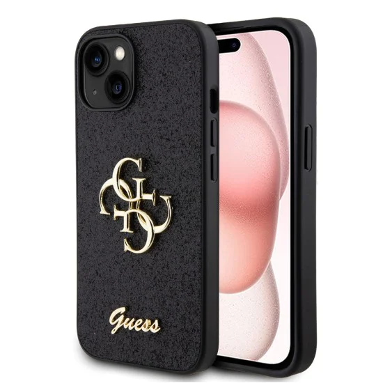 Калъф за iPhone 15 - Guess Glitter Script Big 4G (GUHCP15SHG4SGGK) - Черен