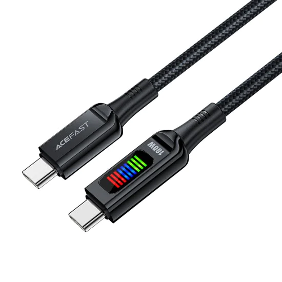 Кабел за данни C7-03 – Acefast, Type-C към Type-C, 100W бързо зареждане, 5A, LED дисплей, 1,2 м – черен