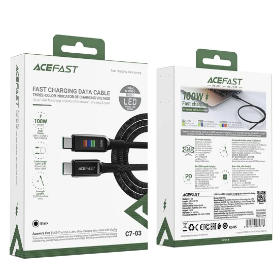 Кабел за данни C7-03 – Acefast, Type-C към Type-C, 100W бързо зареждане, 5A, LED дисплей, 1,2 м – черен