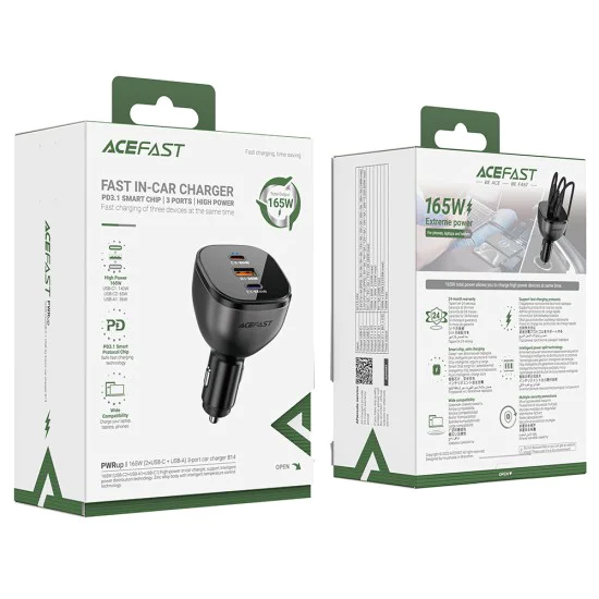 Зарядно за кола B14 – Acefast, 2x USB-C, USB, 165W, бързо зареждане, интелигентен контрол на температурата – черно