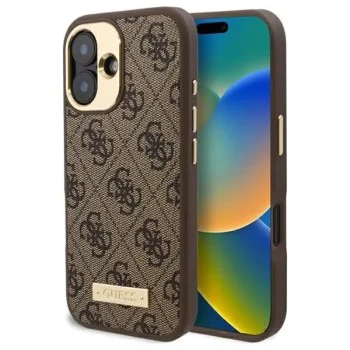 Калъф за iPhone 16 - Guess Hardcase 4G Logo Plate MagSafe (GUHMP16SU4GPRW) - Кафяв