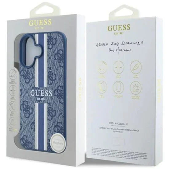 Калъф за iPhone 16 - Guess Hardcase 4G Printed Stripes MagSafe (GUHMP16SP4RPSB) - син