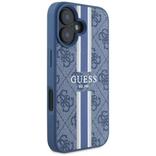 Калъф за iPhone 16 - Guess Hardcase 4G Printed Stripes MagSafe (GUHMP16SP4RPSB) - син