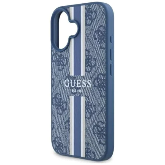 Калъф за iPhone 16 - Guess Hardcase 4G Printed Stripes MagSafe (GUHMP16SP4RPSB) - син