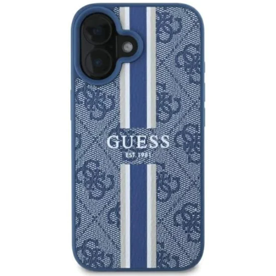 Калъф за iPhone 16 - Guess Hardcase 4G Printed Stripes MagSafe (GUHMP16SP4RPSB) - син