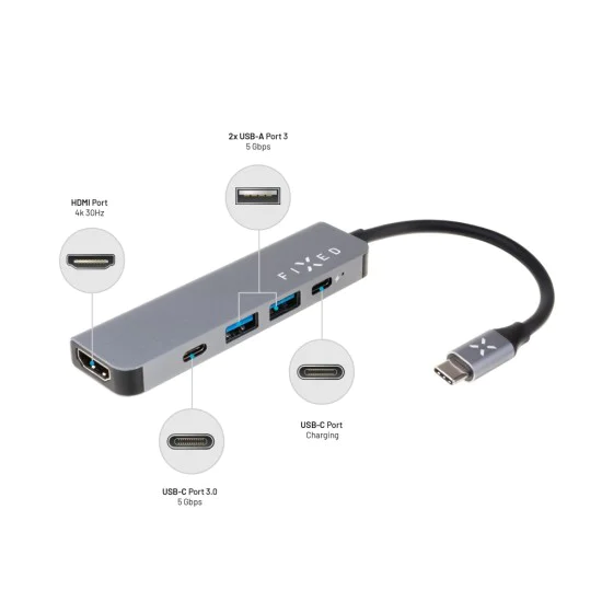 Хъб 2 x USB, Type-C, HDMI, Full HD, 5 Gbit/s, 100W - Фиксиран (FIXHU-MN-GR) - Сив
