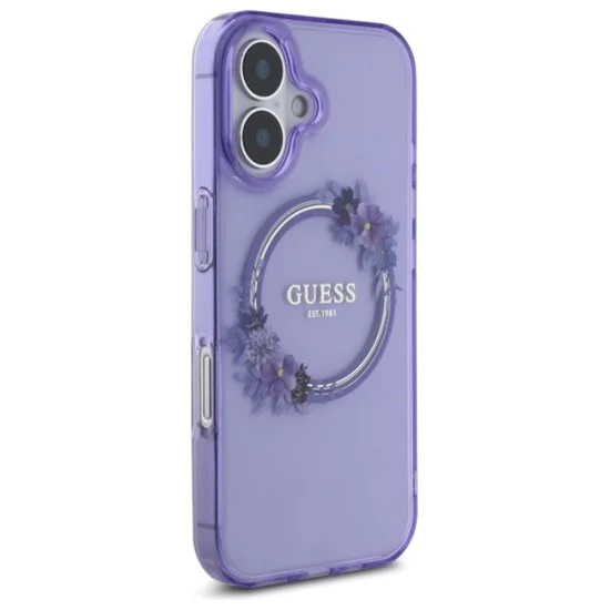 Калъф за iPhone 16 - Guess IML Flowers Wreath MagSafe (GUHMP16SHFWWFCU) - Лилав