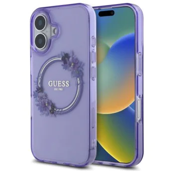Калъф за iPhone 16 - Guess IML Flowers Wreath MagSafe (GUHMP16SHFWWFCU) - Лилав