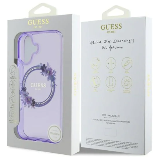 Калъф за iPhone 16 - Guess IML Flowers Wreath MagSafe (GUHMP16SHFWWFCU) - Лилав