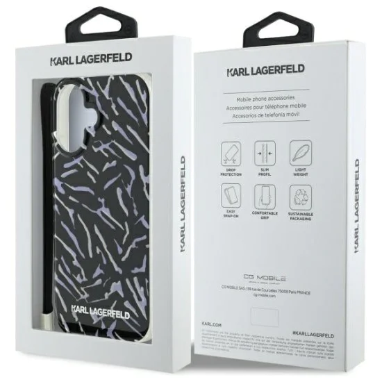 Калъф за iPhone 16 Plus - Karl Lagerfeld Hardcase (KLHCHCP16MHZBZPKCCU) - лилава зебра с кабел