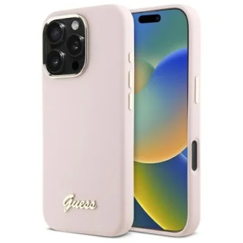 Калъф за iPhone 16 Pro Max - Guess Silicone Script Metal Logo & Frame (GUHCP16XSMSMBSLP) - светло розов