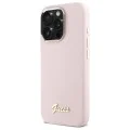Калъф за iPhone 16 Pro Max - Guess Silicone Script Metal Logo & Frame (GUHCP16XSMSMBSLP) - светло розов