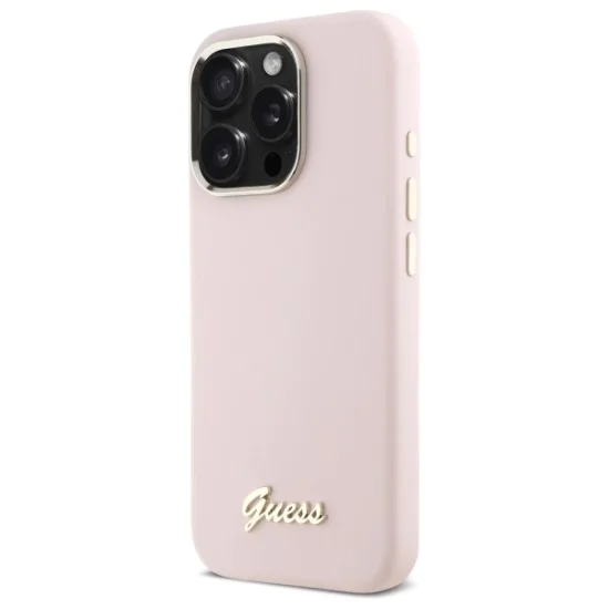 Калъф за iPhone 16 Pro Max - Guess Silicone Script Metal Logo & Frame (GUHCP16XSMSMBSLP) - светло розов