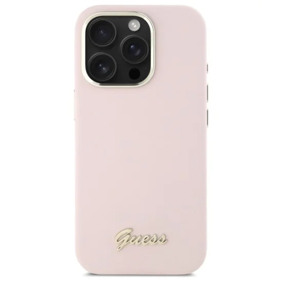 Калъф за iPhone 16 Pro Max - Guess Silicone Script Metal Logo & Frame (GUHCP16XSMSMBSLP) - светло розов