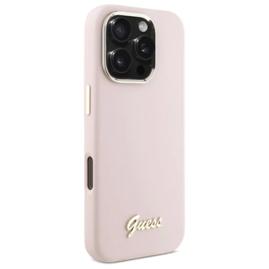 Калъф за iPhone 16 Pro Max - Guess Silicone Script Metal Logo & Frame (GUHCP16XSMSMBSLP) - светло розов