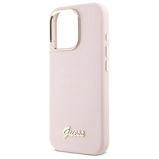 Калъф за iPhone 16 Pro Max - Guess Silicone Script Metal Logo & Frame (GUHCP16XSMSMBSLP) - светло розов