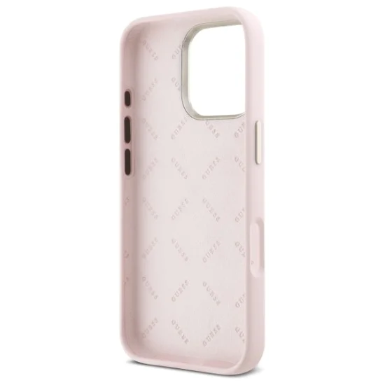 Калъф за iPhone 16 Pro Max - Guess Silicone Script Metal Logo & Frame (GUHCP16XSMSMBSLP) - светло розов