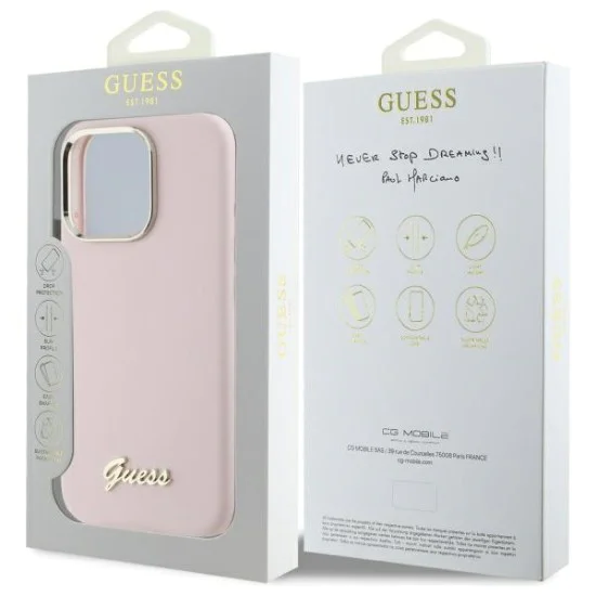 Калъф за iPhone 16 Pro Max - Guess Silicone Script Metal Logo & Frame (GUHCP16XSMSMBSLP) - светло розов