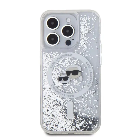 Калъф за iPhone 15 Pro - Karl Lagerfeld Liquid Glitter MagSafe (KLHMP15LLLLGKCSGH) - Transparent Karl&Choupette Head