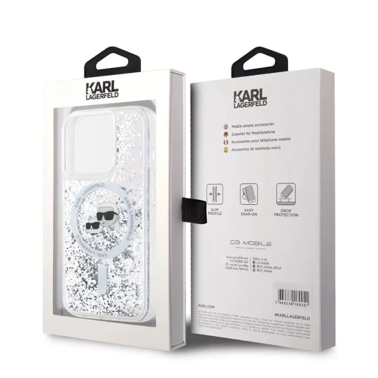 Калъф за iPhone 15 Pro - Karl Lagerfeld Liquid Glitter MagSafe (KLHMP15LLLLGKCSGH) - Transparent Karl&Choupette Head