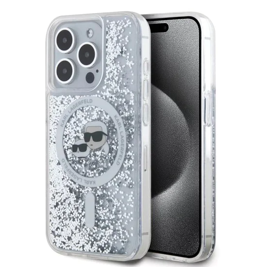 Калъф за iPhone 15 Pro - Karl Lagerfeld Liquid Glitter MagSafe (KLHMP15LLLLGKCSGH) - Transparent Karl&Choupette Head