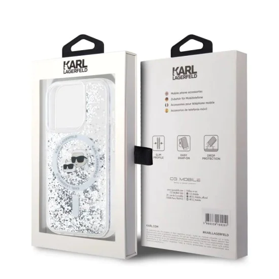Калъф за iPhone 15 Pro Max - Karl Lagerfeld Liquid Glitter MagSafe (KLHMP15XLGKCSGH) - Transparent Karl&Choupette Head
