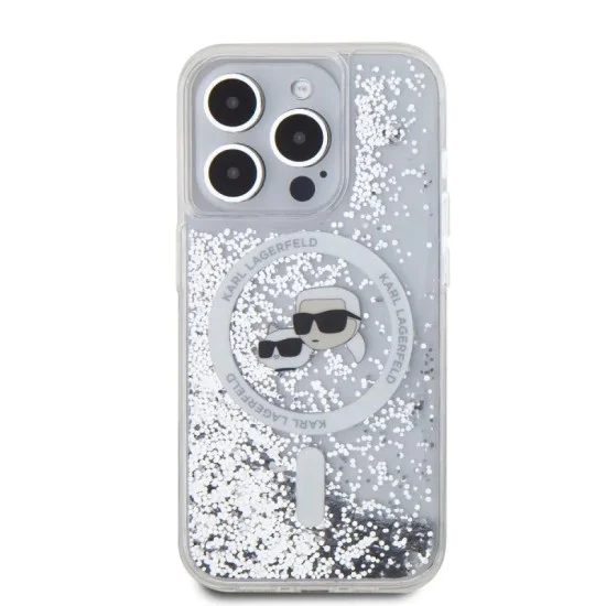 Калъф за iPhone 15 Pro Max - Karl Lagerfeld Liquid Glitter MagSafe (KLHMP15XLGKCSGH) - Transparent Karl&Choupette Head