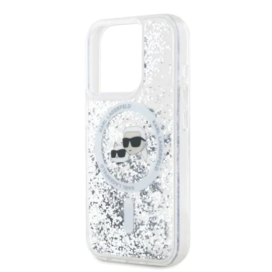 Калъф за iPhone 15 Pro Max - Karl Lagerfeld Liquid Glitter MagSafe (KLHMP15XLGKCSGH) - Transparent Karl&Choupette Head
