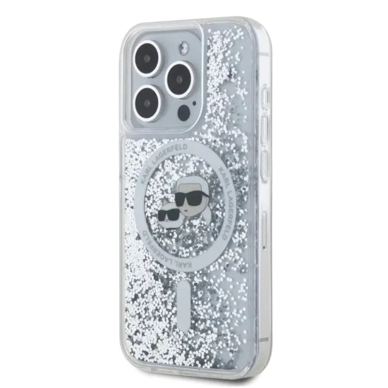 Калъф за iPhone 15 Pro Max - Karl Lagerfeld Liquid Glitter MagSafe (KLHMP15XLGKCSGH) - Transparent Karl&Choupette Head